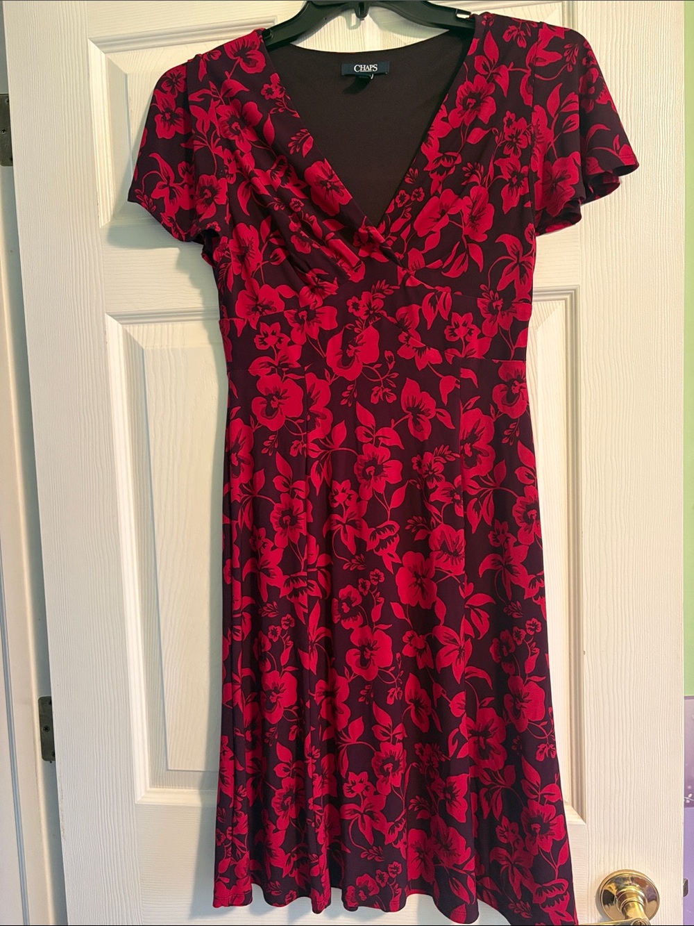 Chaps Floral V-Neck Fit-and-Flare Dress in Red and Burgundy